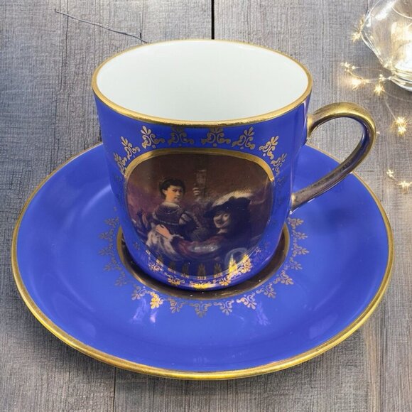 Kuba Bavaria Cobalt Blue Portrait Teacup And Saucer Set Germany Gold Edges VTG - Picture 1 of 16